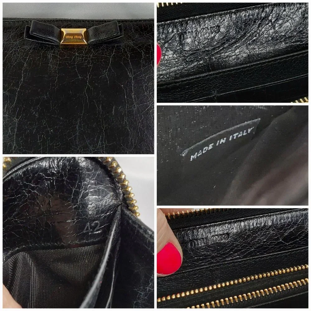 'MIU MIU' BOW-FRONT LEATHER WALLET FULL-ZIP  DISTRESSED ONYX - Picture 11 of 15